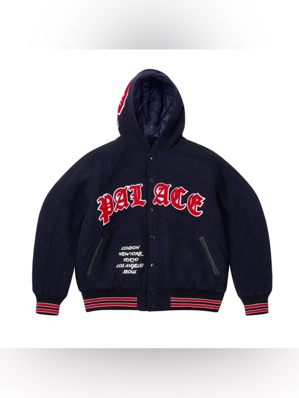 Palace Hooded Varsity Jacket Navy Bomber FW24 Cashmere Wool Blend Size Large